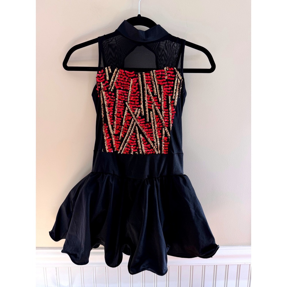 Weissman Sequin Mesh Mock Neck Dance Costume Dress Black Red Gold LC